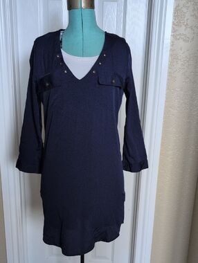 BOGO Navy V-Neck Tunic Dress with Snap Pocket Details